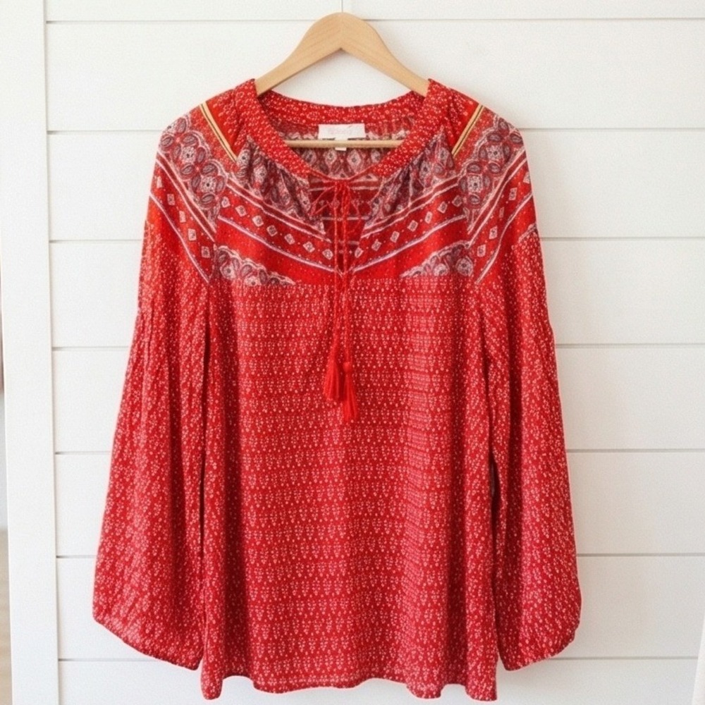 Weekend Suzanne Betro Red Paisley Boho Blouse Top LS Women's XL NEW